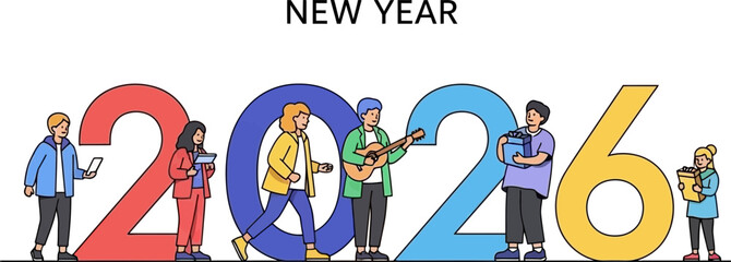 Celebrating the diverse activities of people in the year 2026 with a vibrant community scene and festive spirit on a dark background