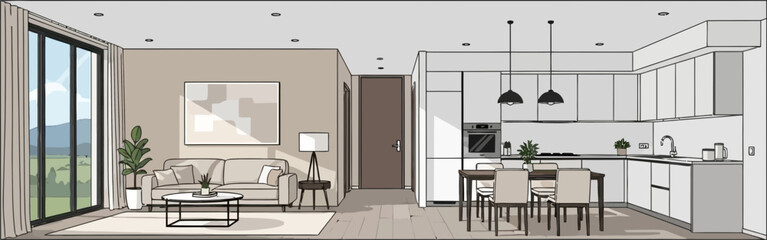 Fototapeta premium Modern minimalist interior design of an open-plan living room and kitchen space with large window and natural light