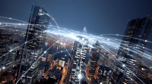 Cityscape at dusk with network connections illuminating the urban landscape from a high vantage point