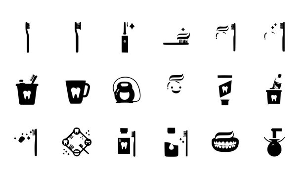 Toothbrush dental flat vector icon set with oral hygiene care symbols for web design