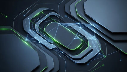 Abstract geometric digital art with interconnected lines and glowing green accents, futuristic technological design