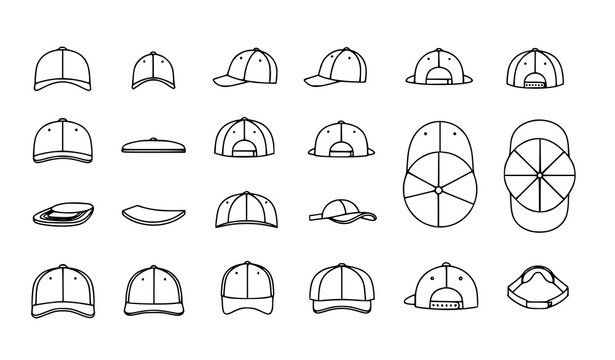 Baseball cap views vector icon set with 25 simple hat perspective illustrations for web design
