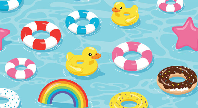 Summer pool background with various colorful floaties including doughnuts rubber ducks stars and a rainbow in blue water.