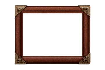 Vintage brown leather picture frame with ornate metal corners, object on transparent background