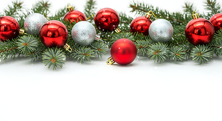 Christmas decoration with red and silver bauble on fir branches