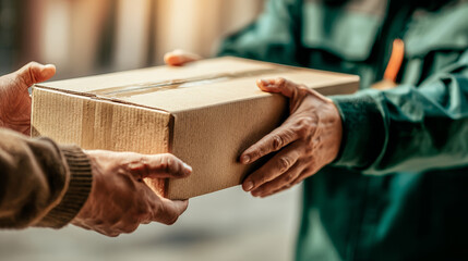 Person handing over cardboard box to another person, showing cooperation and delivery service in close up view