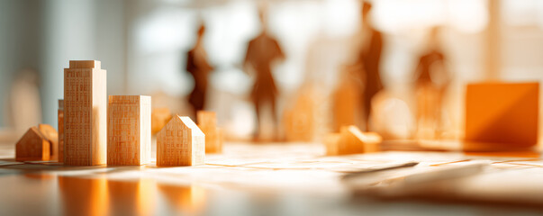 Miniature wooden house model on table with blurred business people in background, warm light creating calm atmosphere