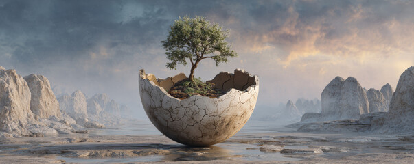Small tree grows inside cracked large egg shell on barren land under dramatic cloudy sky, symbolizing hope and resilience