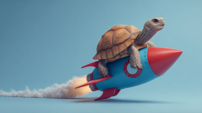 Turtle riding rocket with fire and smoke on blue background, creative and imaginative concept of speed and adventure