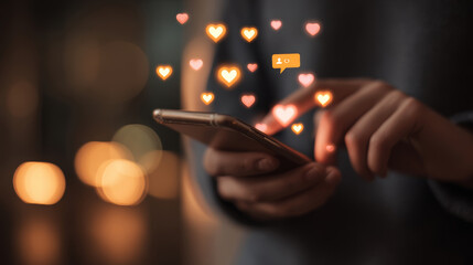 Person holding smartphone with glowing heart icons and social media notification dark background, expressing digital