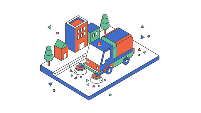 Isometric illustration of a street sweeper cleaning the city streets.