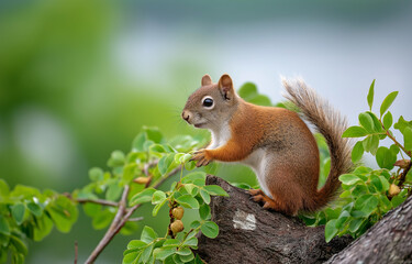 Fototapeta premium a red squirrel standing on its hind legs,