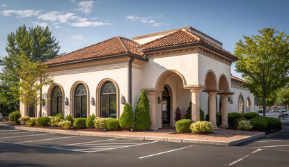 Fototapeta premium Elegant medical clinic building with mediterranean-style architecture featuring arched windows, stucco walls, and terracotta tiled roof in a landscaped setting