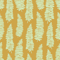 Hand drawn one directional fern leaves in a minimalist foliage pattern in colors of beige on a yellow background. Abstract tropical leaf seamless vector pattern.Great for home decor, fabric, wallpaper