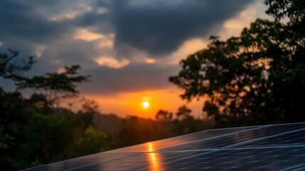 Fototapeta premium Solar panels reflect the setting sun against a backdrop of trees and a dramatic sky, symbolizing renewable energy in a natural environment during dusk
