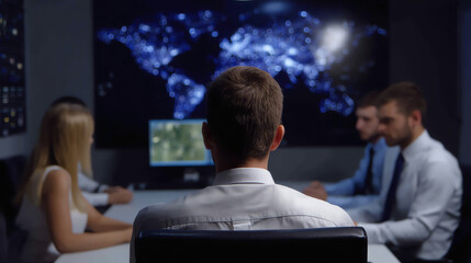 A team of professionals in a modern office analyzes global data displayed on multiple screens during a strategic meeting or briefing session