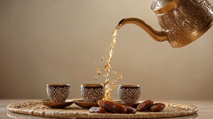 Tea pouring into ornate cups with dates.