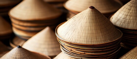 Traditional conical hats stacked in harmony.