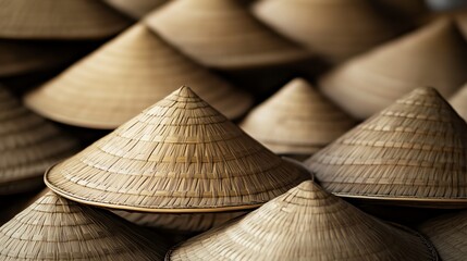 Traditional woven hats stacked for sale.