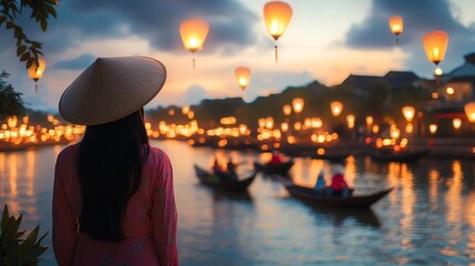 Woman gazing at floating lanterns in the evening.