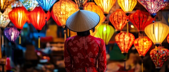 A woman admiring colorful lanterns at night.