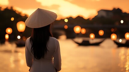 A serene view of a woman at sunset.