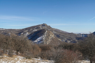 Snowy Caucasus Mountains Landscape with Deciduous Winter Forest in Georgia