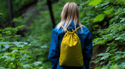 Person with blonde hair wearing a blue jacket and yellow backpack walking through a lush green forest trail