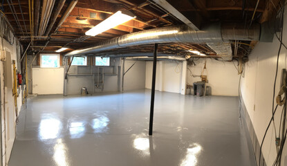 Fototapeta premium Basement with polished concrete floor painted with silver gray matte epoxy finish, exposed ceiling with wooden beams and metallic ductwork