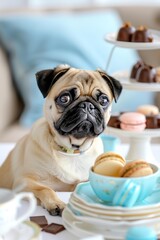 ティータイムを楽しむパグと色とりどりのスイーツ  マカロン
