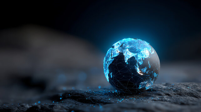 A digital globe featuring illuminated network connections highlighting Asia, set against a dark, textured surface with a futuristic and technological atmosphere - Powered by Adobe