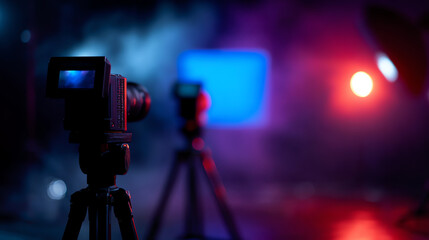 Two digital cameras on tripods capture a dimly lit scene with vibrant blue and red lighting, creating a moody and artistic atmosphere in a studio or stage setting