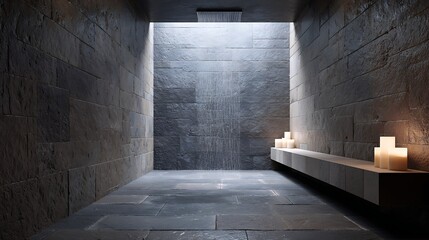 Luxury spa bathroom stone walls rainfall shower and candles