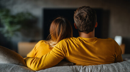 Couple in matching yellow sweaters sitting closely on a couch, watching a screen in a cozy, dimly lit living room setting
