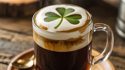 Irish coffee on st patrick's day with shamrock design on whipped cream