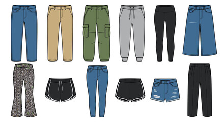 Flat vector illustration set showcasing a wide variety of casual and athletic pants, including jeans, cargo, joggers, leggings, and shorts, for diverse fashion trends