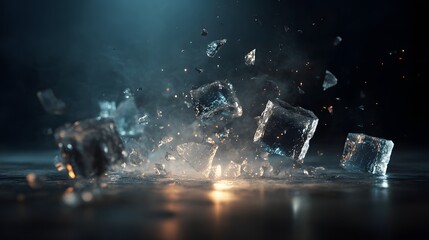 Naklejka premium Textured Ice Cubes on a Wet Surface with Dramatic Sprays and Light