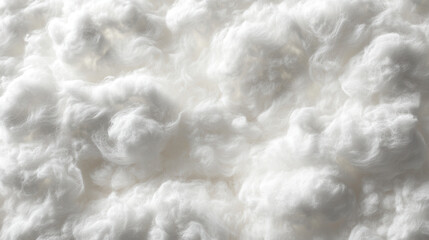 Soft white cotton fiber texture with fluffy cloudlike tufts creating soft cozy feeling and delicate detail in close up