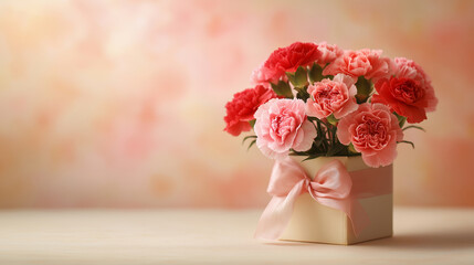 リボン付きボックスに飾られたピンクと赤のカーネーションブーケ