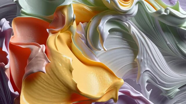 Pastel cream substance dynamically blending, swirling into mesmerizing abstract patterns with soft color gradients on white surface