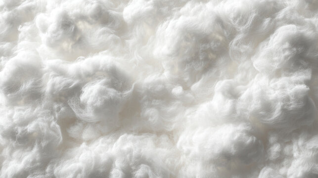 Soft white cotton fiber texture with fluffy cloudlike tufts creating soft cozy feeling and delicate detail in close up