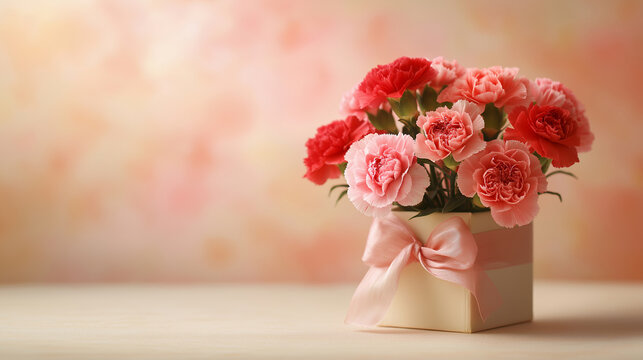 リボン付きボックスに飾られたピンクと赤のカーネーションブーケ