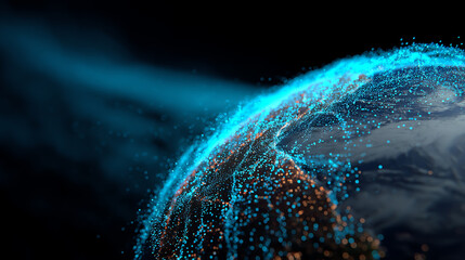 Digital representation of Earth with glowing blue and orange particles forming a network, highlighting global connectivity and data flow in a futuristic style