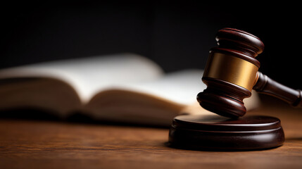 Obraz premium Wooden judge gavel resting on a sound block with an open book blurred in the background, symbolizing law, justice, and legal proceedings
