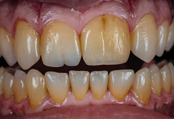 Human teeth showing dental erosion and gum recession