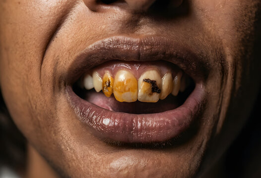 Woman showing severe tooth decay and stained teeth