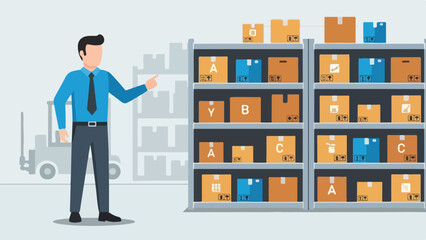 Warehouse Worker Pointing at Stocked Shelves with Packages