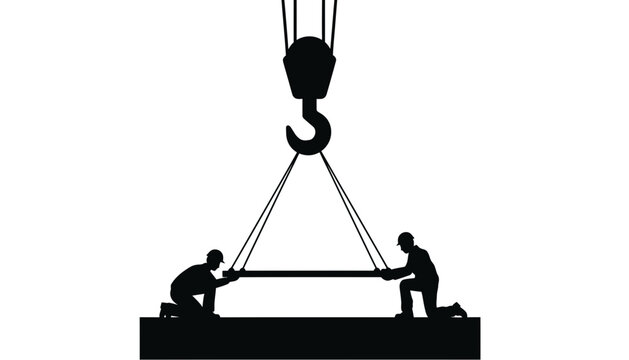 Two workers using a crane to lift a heavy object in a construction site