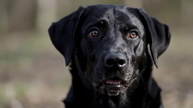 An intimate close-up video portrait of a Black Labrador Retriever looking directly into the camera with an intense and loyal expression. 