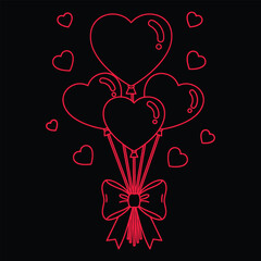Minimalist red line art illustration depicts a festive bouquet of heart shaped balloons tied together with a large decorative bow against a solid black background suggesting romance and celebration.